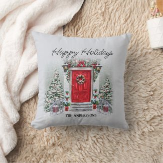 Old Time Vintage Red Door Wreath Happy Holidays 