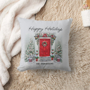 Old Time Vintage Red Door Wreath Happy Holidays  Throw Pillow