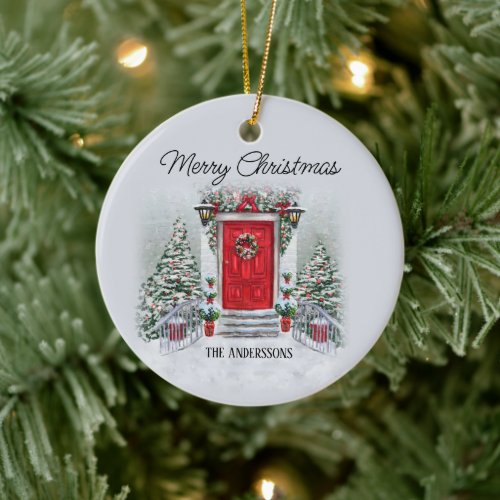 Old Time Vintage Red Door Wreath Merry Christmas Ceramic Ornament