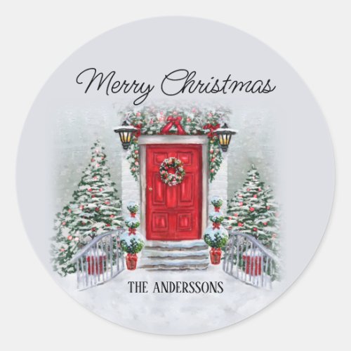 Old Time Vintage Red Door Wreath Merry Christmas Classic Round Sticker