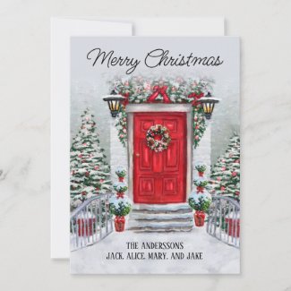 Old Time Vintage Red Door Wreath Merry Christmas 