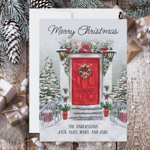 Old Time Vintage Red Door Wreath Merry Christmas Holiday Card