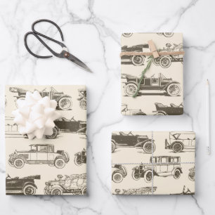 Old-timer Beige Brown Vintage Car Pattern Wrapping Paper Sheets