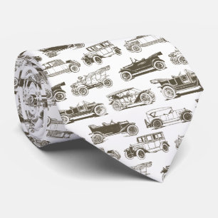 Old-timer Beige White Vintage Car Pattern Neck Tie