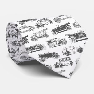 Old-timer Black White Vintage Car Pattern Neck Tie
