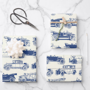 Old-timer Blue Vintage Car Pattern Wrapping Paper Sheets