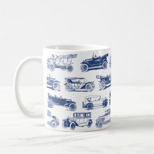 Old-timer Blue White Vintage Car Pattern Coffee Mug