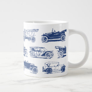 Old-timer Blue White Vintage Car Pattern Giant Coffee Mug