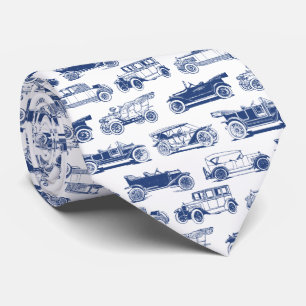 Old-timer Blue White Vintage Car Pattern Neck Tie