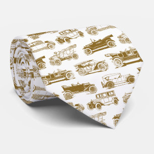 Old-timer Gold Beige White Vintage Car Pattern Neck Tie