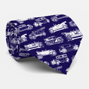 Old-timer Navy Blue White Vintage Car Pattern Neck Tie