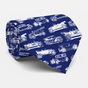 Old-timer Royal Blue White Vintage Car Pattern Neck Tie