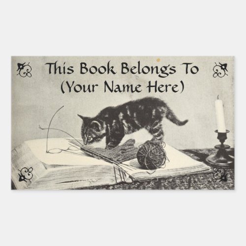 Old Timey Kitten Cat Knitting Book Plate
