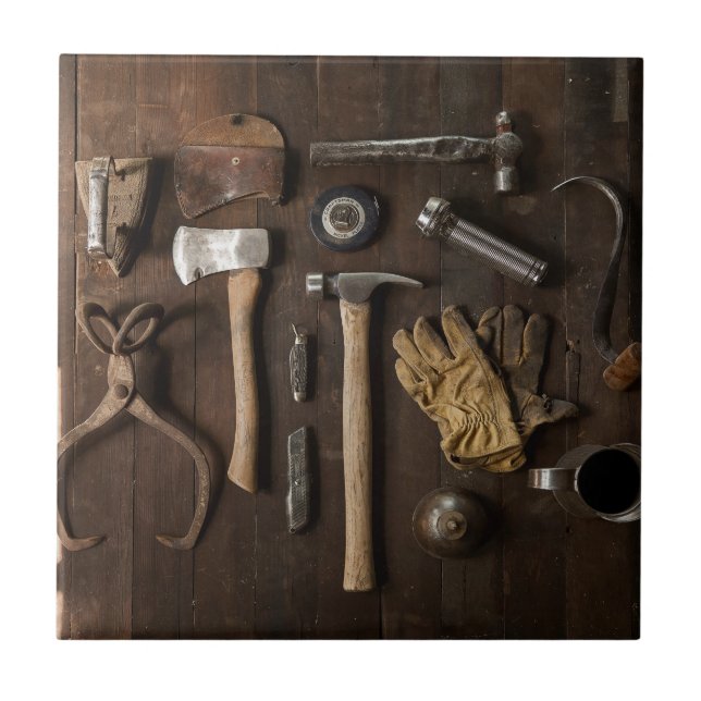 Old Tools on Wood Background Ceramic Title Tile (Front)
