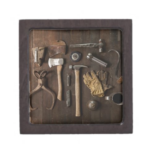 Old Tools on Wood Background Mens Jewelry Box