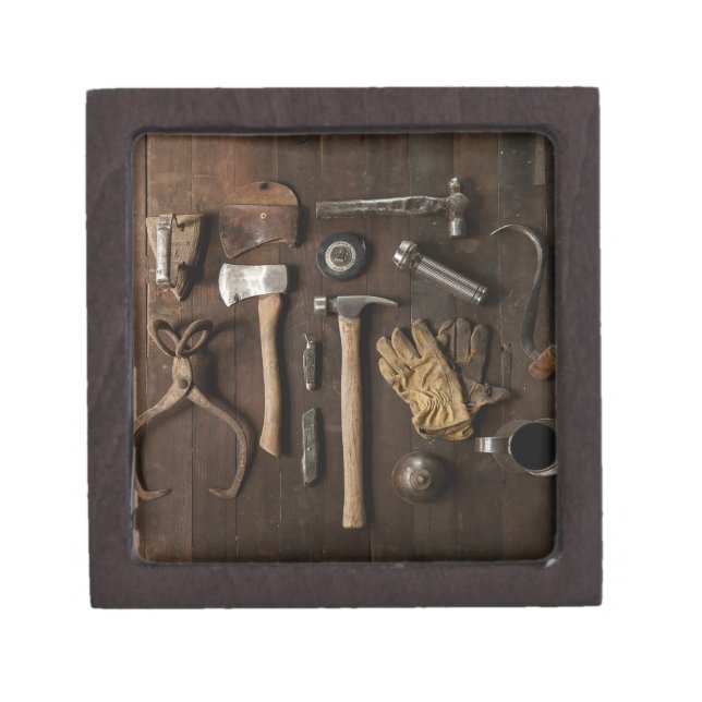 Old Tools on Wood Background Men's Jewelry Box (Front)