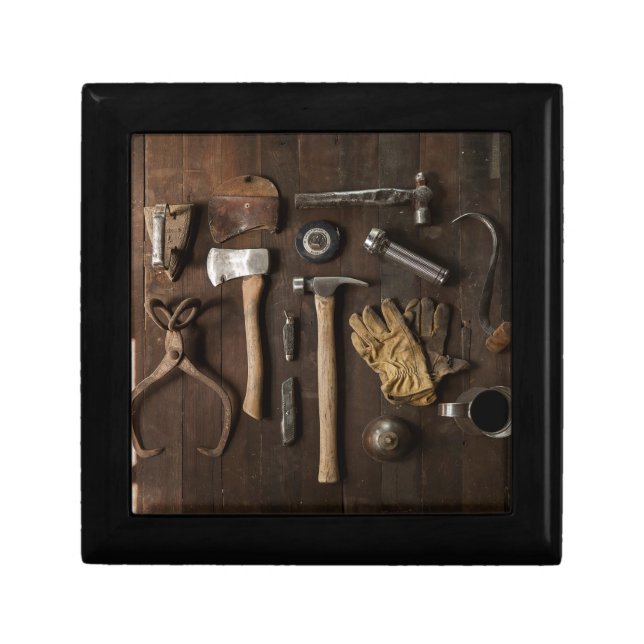Old Tools on Wood Background Men's Jewelry Box (Front)