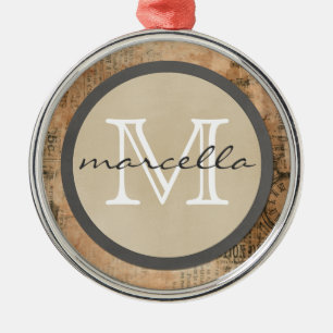 Old Torn Vintage Newspaper Monogram Metal Ornament