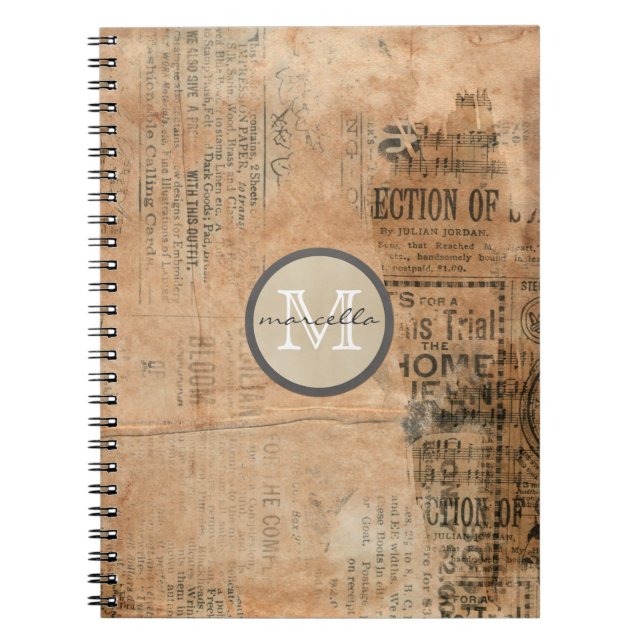 Old Torn Vintage Newspaper Monogram Notebook (Front)