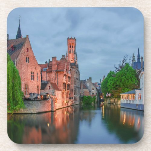 Old town and Belfry tower at night in Bruges Beverage Coaster