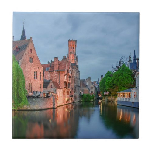 Old town and Belfry tower at night in Bruges Ceramic Tile