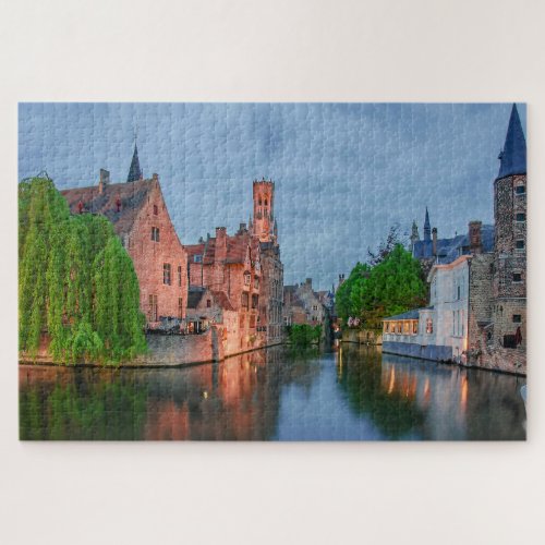 Old town and Belfry tower at night in Bruges Jigsaw Puzzle