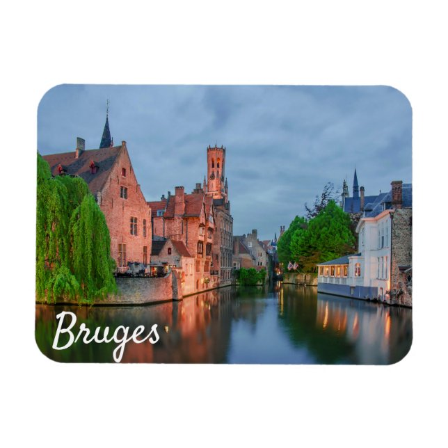 Old town and Belfry tower at night in Bruges Magnet (Horizontal)