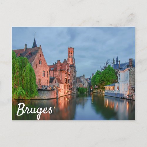 Old town and Belfry tower at night in Bruges Postcard