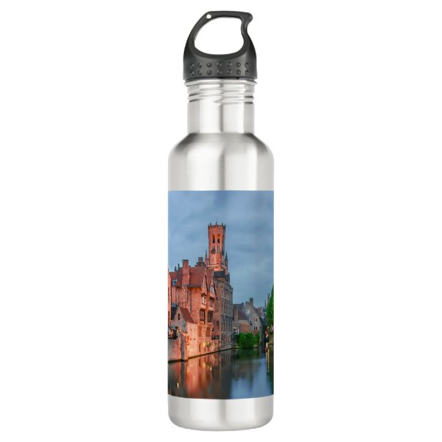 Old town and Belfry tower at night in Bruges Stainless Steel Water Bottle (Front)