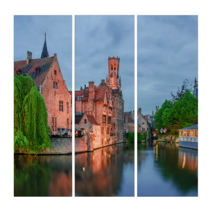 Old town and Belfry tower at night in Bruges Triptych