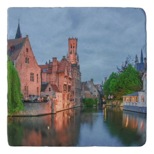 Old town and Belfry tower at night in Bruges Trivet