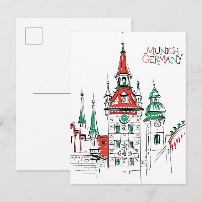 Old Town Hall Munich Germany Illustration Travel Postcard (Front/Back)