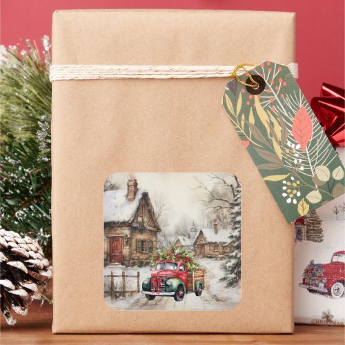 Old Town Vintage Red Green Truck Christmas Trees Square Sticker