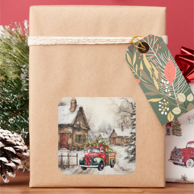 Old Town Vintage Red Green Truck Christmas Trees Square Sticker (Holiday)