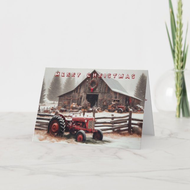 Old Tractor and Barn Christmas Card (Front)