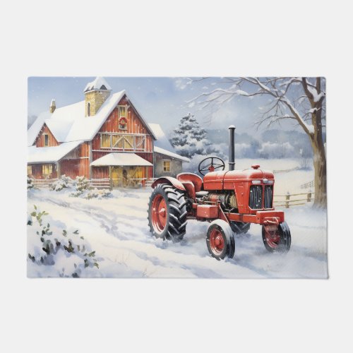 Old Tractor and Barn Snowy Winter Farm Christmas Doormat