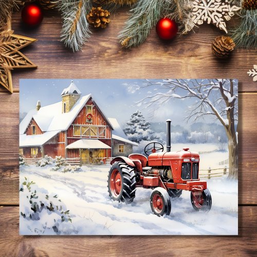 Old Tractor and Barn Snowy Winter Farm Christmas Holiday Card
