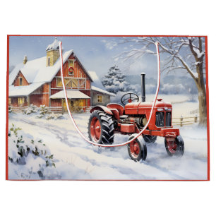 Old Tractor and Barn Snowy Winter Farm Christmas Large Gift Bag