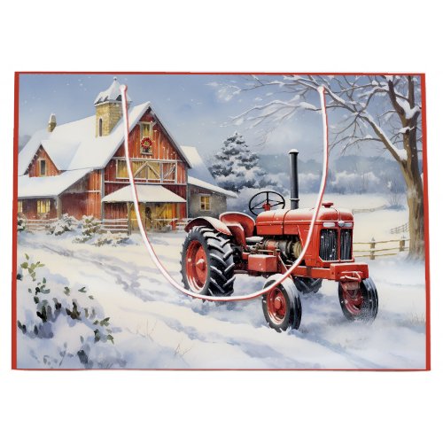 Old Tractor and Barn Snowy Winter Farm Christmas Large Gift Bag