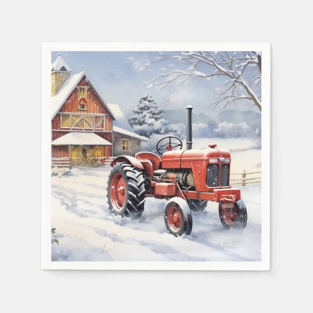 Old Tractor and Barn Snowy Winter Farm Christmas Napkins (Front)
