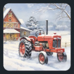 Old Tractor and Barn Snowy Winter Farm Christmas Square Sticker<br><div class="desc">Share the enchantment of a snowy winter farm with our delightful Christmas holiday stickers. This charming design features a beautiful barn and an old tractor surrounded by a serene,  snow-covered landscape.</div>