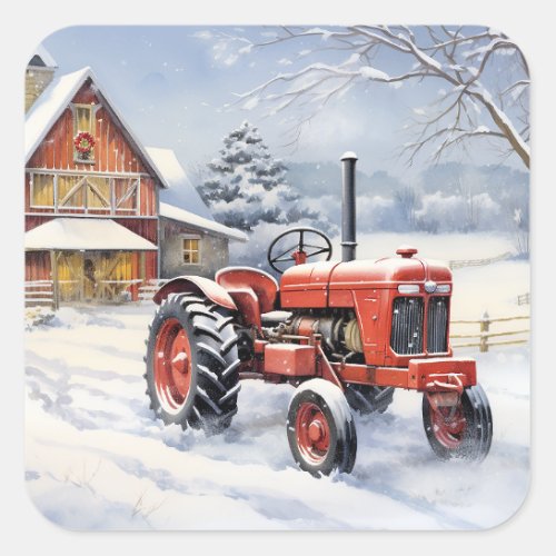 Old Tractor and Barn Snowy Winter Farm Christmas Square Sticker