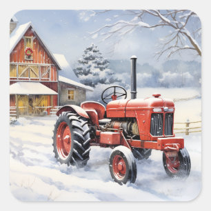 Old Tractor and Barn Snowy Winter Farm Christmas Square Sticker