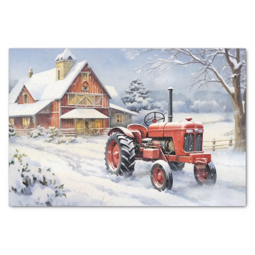 Old Tractor and Barn Snowy Winter Farm Christmas Tissue Paper