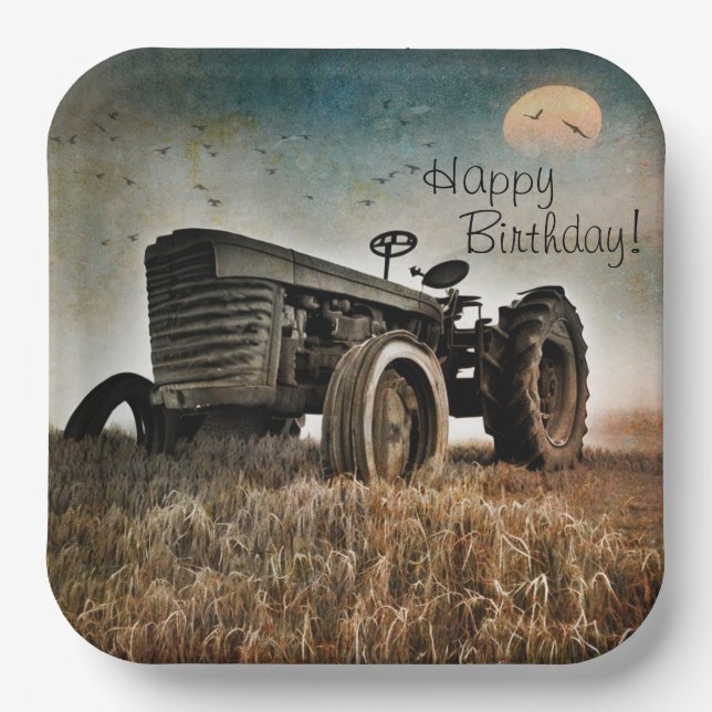 Old Tractor Birthday Paper Plates (Front)