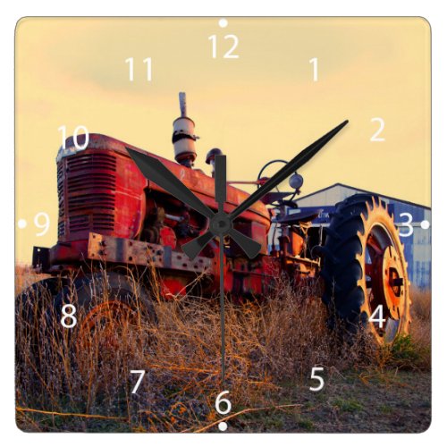 old tractor red machine vintage square wall clock