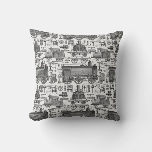 Old Trains - Vintage Locomotive Illustration Throw Pillow (Front)