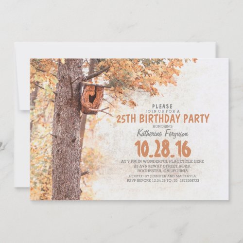 Old Tree and Bird House Rustic Fall Birthday Party Invitation