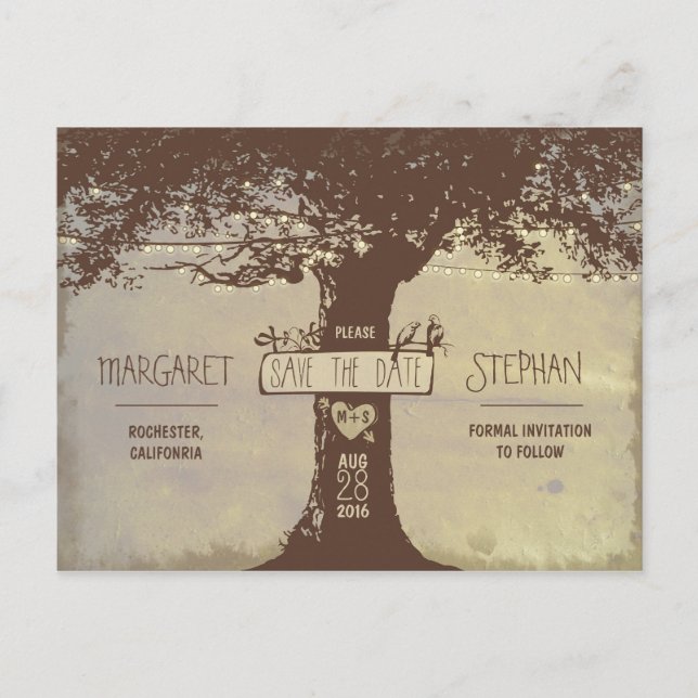 old tree and string lights save the date postcards (Front)
