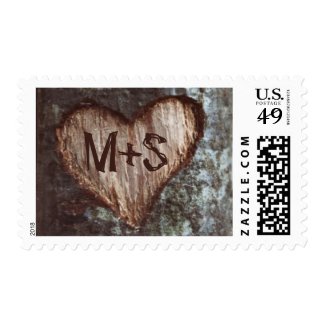 old tree carved heart initials wedding postage stamps at UniqueRusticWeddingInvitations.com